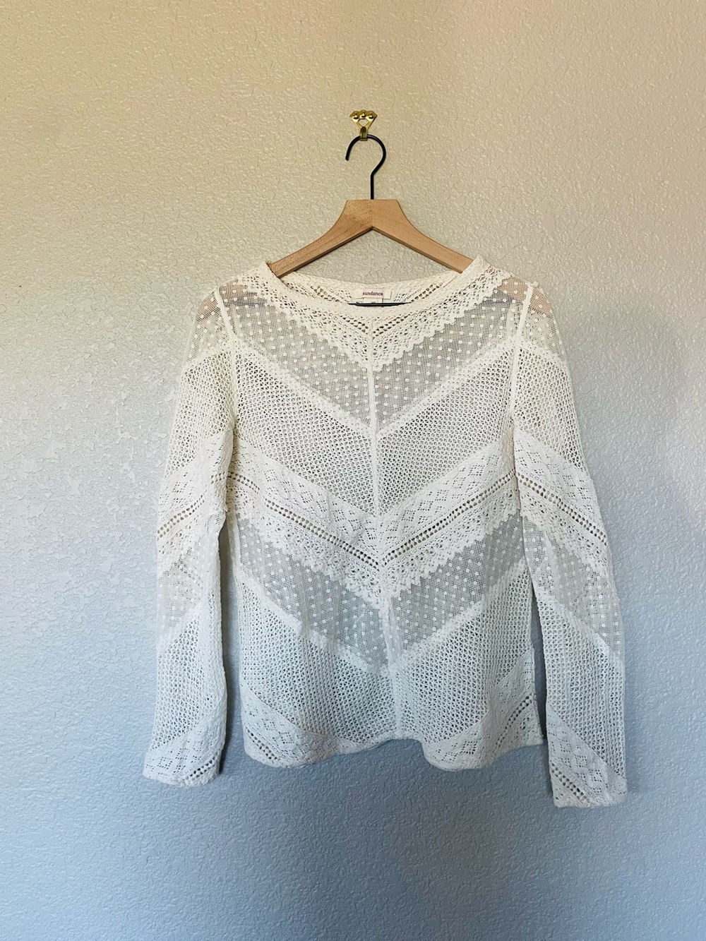 Sundance Sheer Lace Mesh Crochet Ivory Top